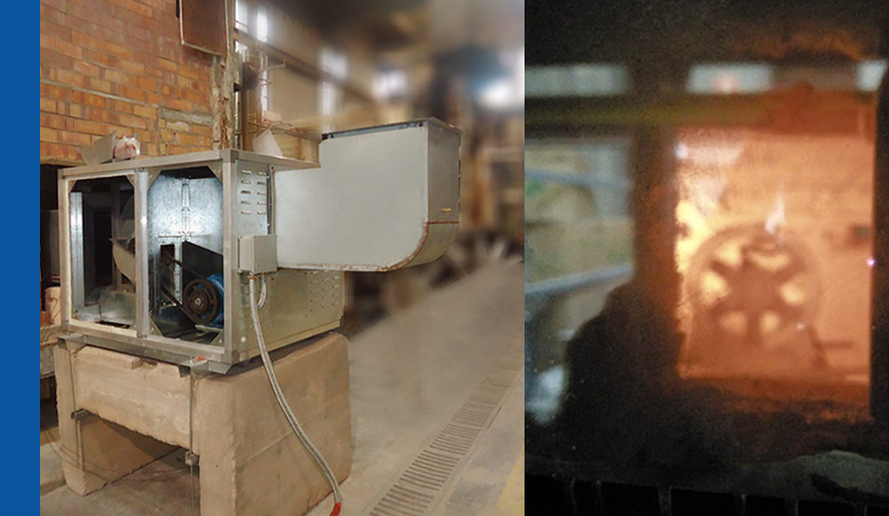 Maico Gulf smoke extraction fan unit installed in fire safety testing chamber for smoke venting and fire containment performance evaluation